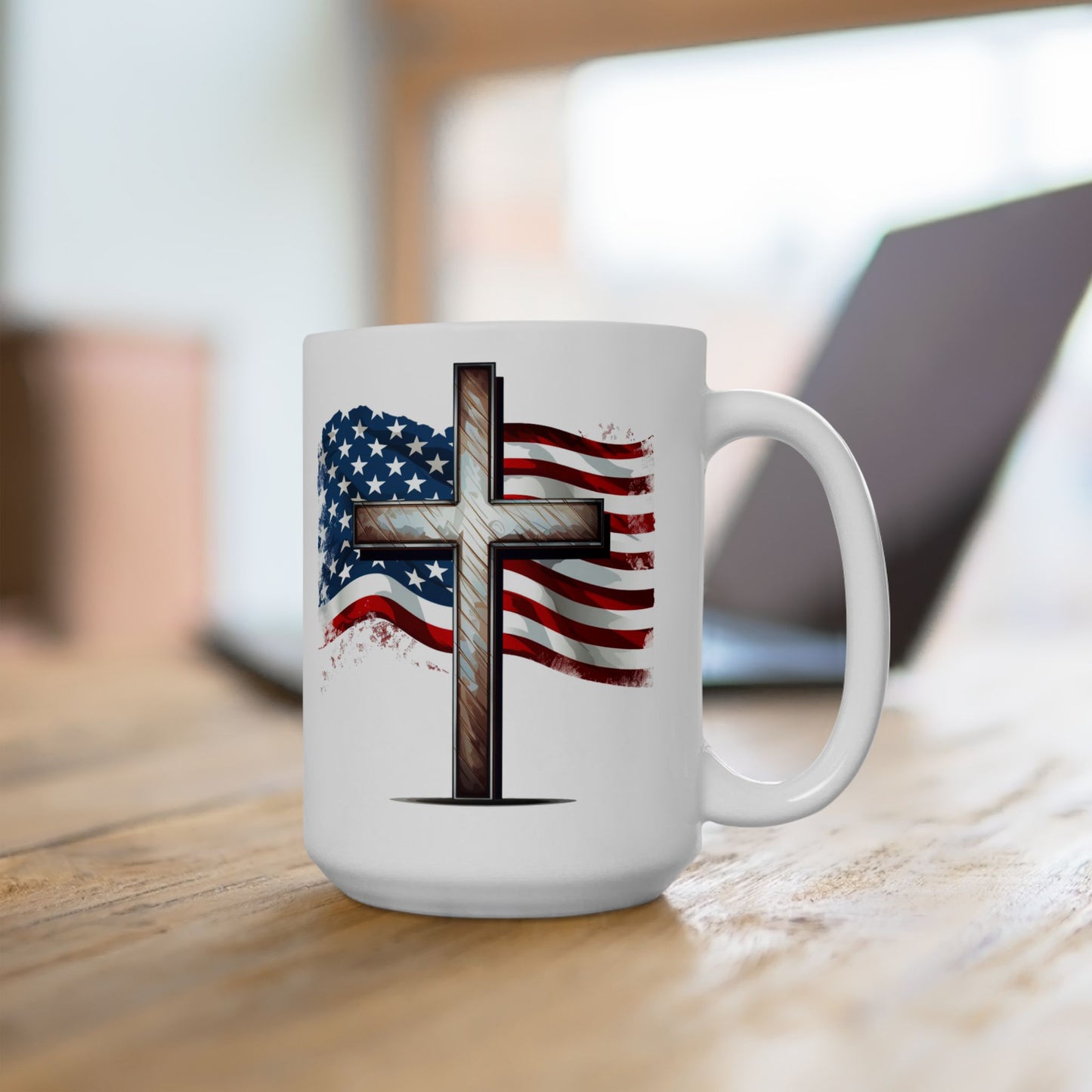 Faith & Freedom Mug, American Flag and Cross, Christian Patriot Coffee Cup, Inspirational USA Gift, God Bless America Mug