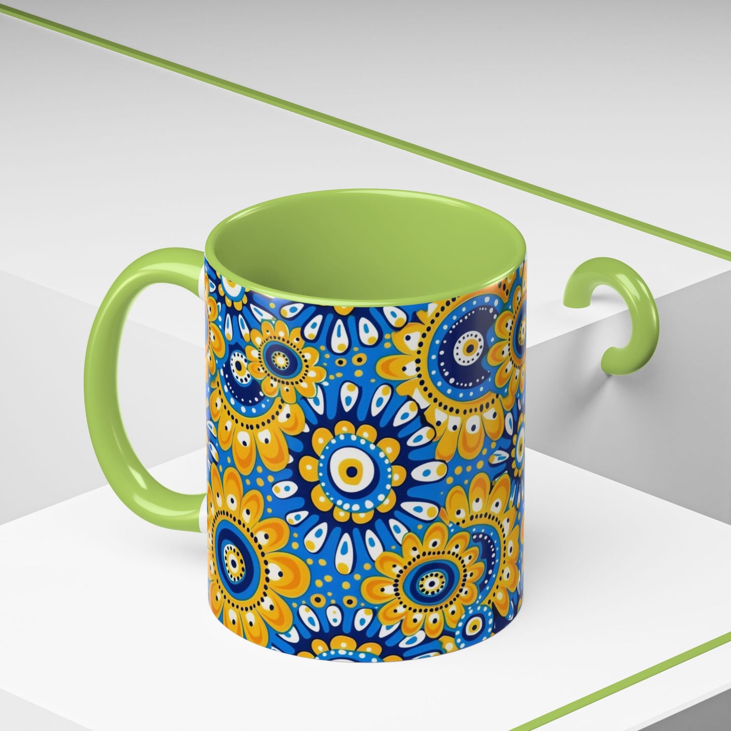 Bold Blue and Gold Flora,l Mug Retro Boho Flower Coffee Cup, Vibrant Mandala-Inspired Pattern