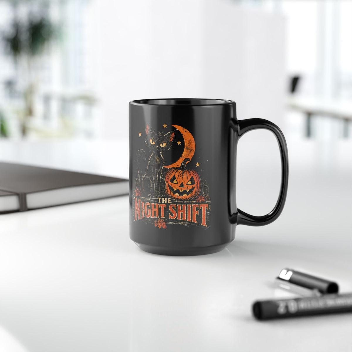 Night Shift black cat pumpkin mug | Halloween coffee mug