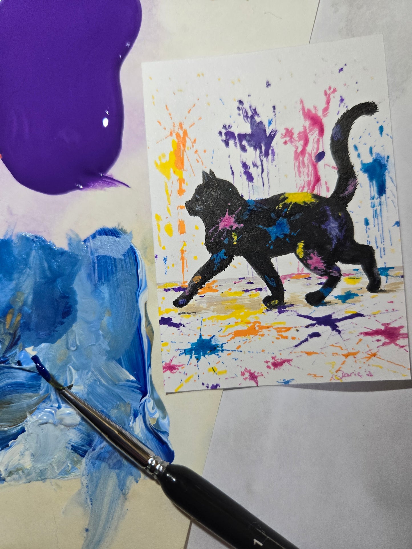 Midnight’s Paint Parade~Original Acrylic ACEO~Playful Cat Color Splatter NOT A PRINT~*Signed Art 2.5 x 3.5