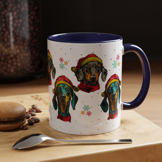 Dachshund Christmas Mug - Holiday Wiener Dog Cup - Cute Doxie Dog Lover Gift - Santa Hat Dachshund Coffee Mug - Colorful Dog Art Mug
