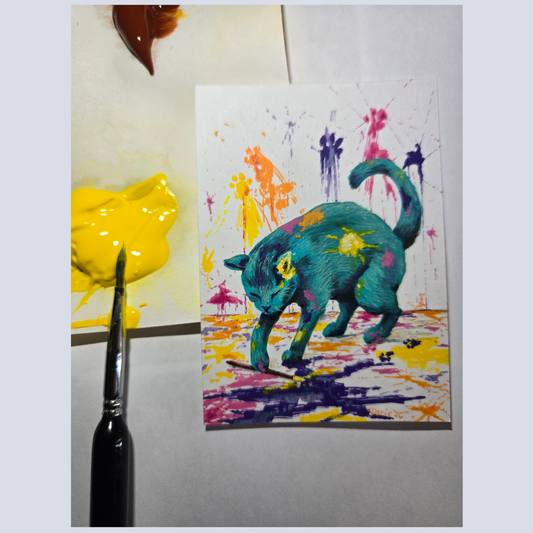 Mischief Makin' Mischeif! Cat Painting Explosion NOT A PRINT~Original Acrylic ACEO *Signed Art 2.5 x 3.5