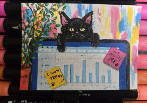 Me Now! – Black Kitten Working from Home ACEO Original Painting | Funny Office Cat Art | Mini Acrylic Desk Decor | OOAK