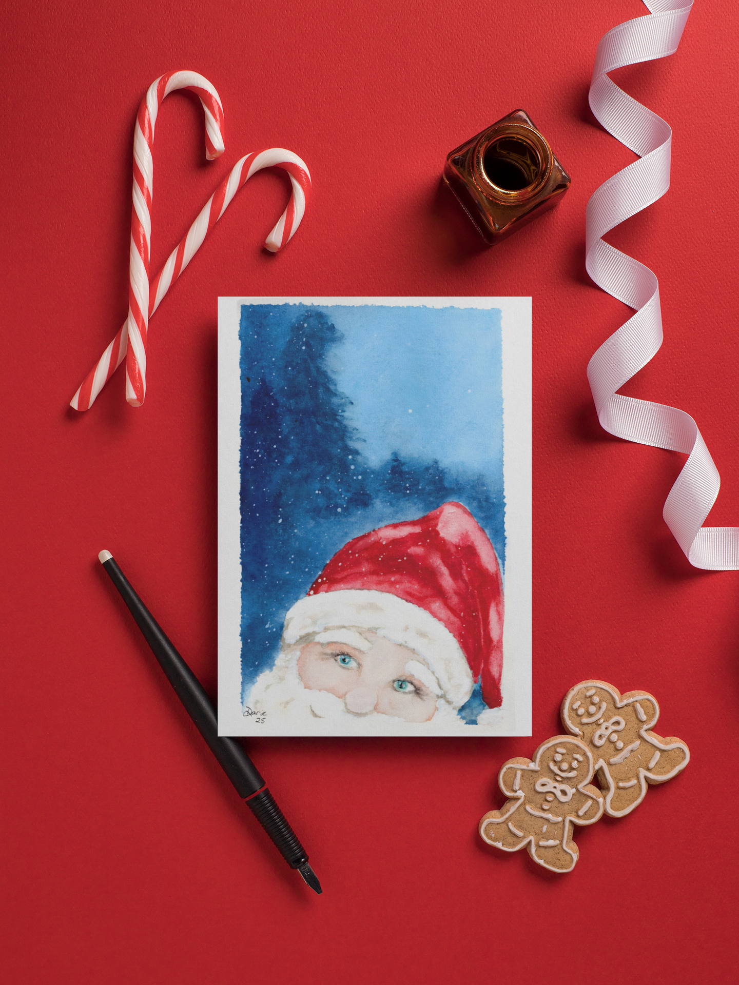 Hand-Drawn Santa Watercolor Christmas Card - Pack of 10 – Original Art, Whimsical Holiday Greeting, Handcrafted Winter Card