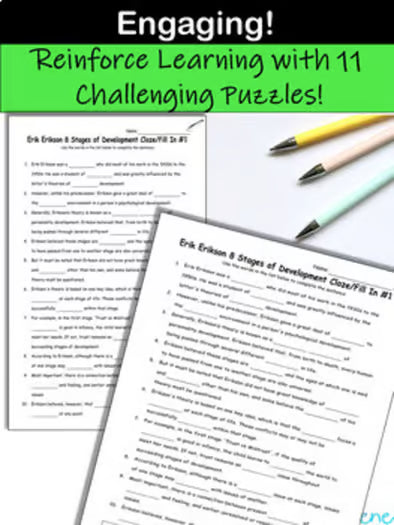 Erik Erikson~Stages of Development~9 Worksheets 2 Levels+Crossword+Cloze~NO PREP