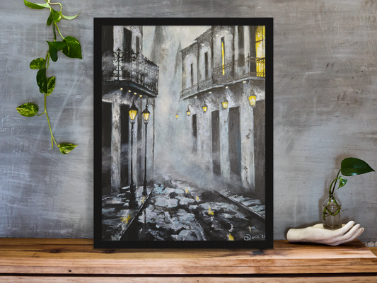 Foggy French Quarter Original Painting ~ New Orleans Street Art ~ St. Louis Cathedral ~ Moody Night Cityscape ~ 9x12 Acrylic on Canvas