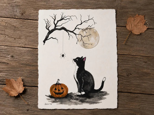 Original Halloween Cat Watercolor Painting, Black and White Tuxedo Cat, Pumpkin & Spider, 5x7 Fall Wall Art, One of a Kind