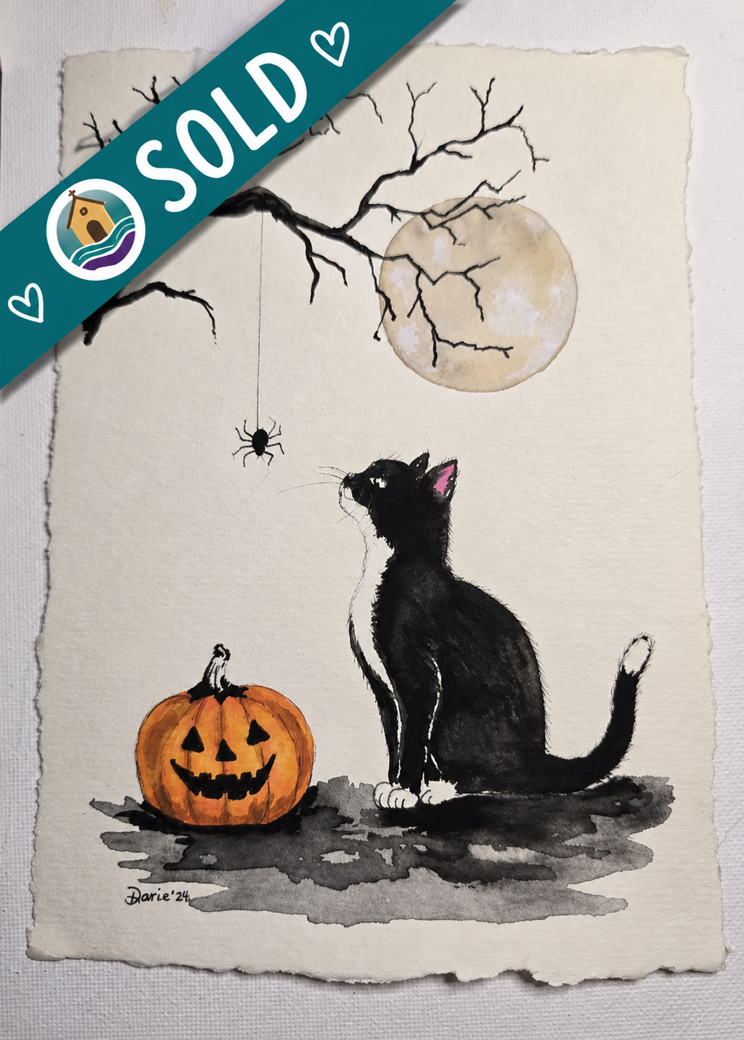 Original Halloween Cat Watercolor Painting, Black and White Tuxedo Cat, Pumpkin & Spider, 5x7 Fall Wall Art, One of a Kind