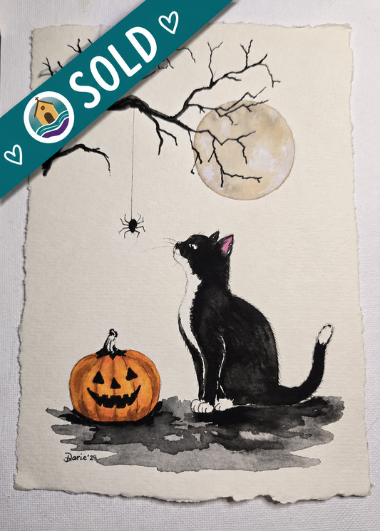 Original Halloween Cat Watercolor Painting, Black and White Tuxedo Cat, Pumpkin & Spider, 5x7 Fall Wall Art, One of a Kind