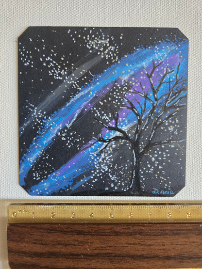 Original Galaxy Tree Acrylic Painting – Celestial Night Sky Art (3.5 x 3.5 inches) NOT A PRINT~