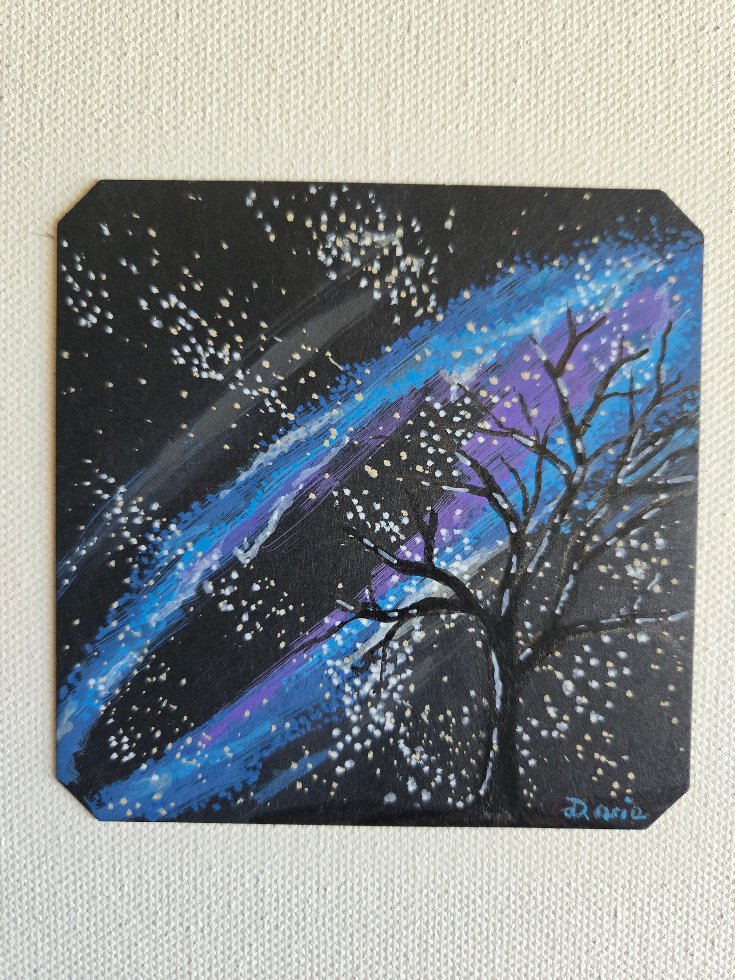 Original Galaxy Tree Acrylic Painting – Celestial Night Sky Art (3.5 x 3.5 inches) NOT A PRINT~