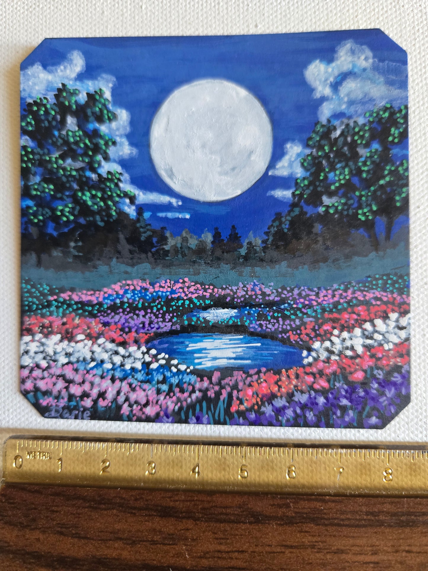 Original Moon Garden Acrylic Painting – Fantasy Floral Landscape, NOT A PRINT~ Mini Art (3.5 x 3.5)