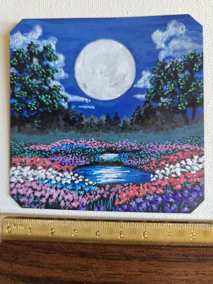 Original Moon Garden Acrylic Painting – Fantasy Floral Landscape, NOT A PRINT~ Mini Art (3.5 x 3.5)