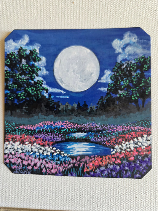 Original Moon Garden Acrylic Painting – Fantasy Floral Landscape, NOT A PRINT~ Mini Art (3.5 x 3.5)