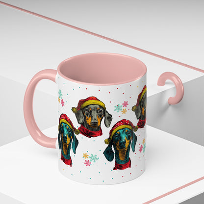 Dachshund Christmas Mug - Holiday Wiener Dog Cup - Cute Doxie Dog Lover Gift - Santa Hat Dachshund Coffee Mug - Colorful Dog Art Mug