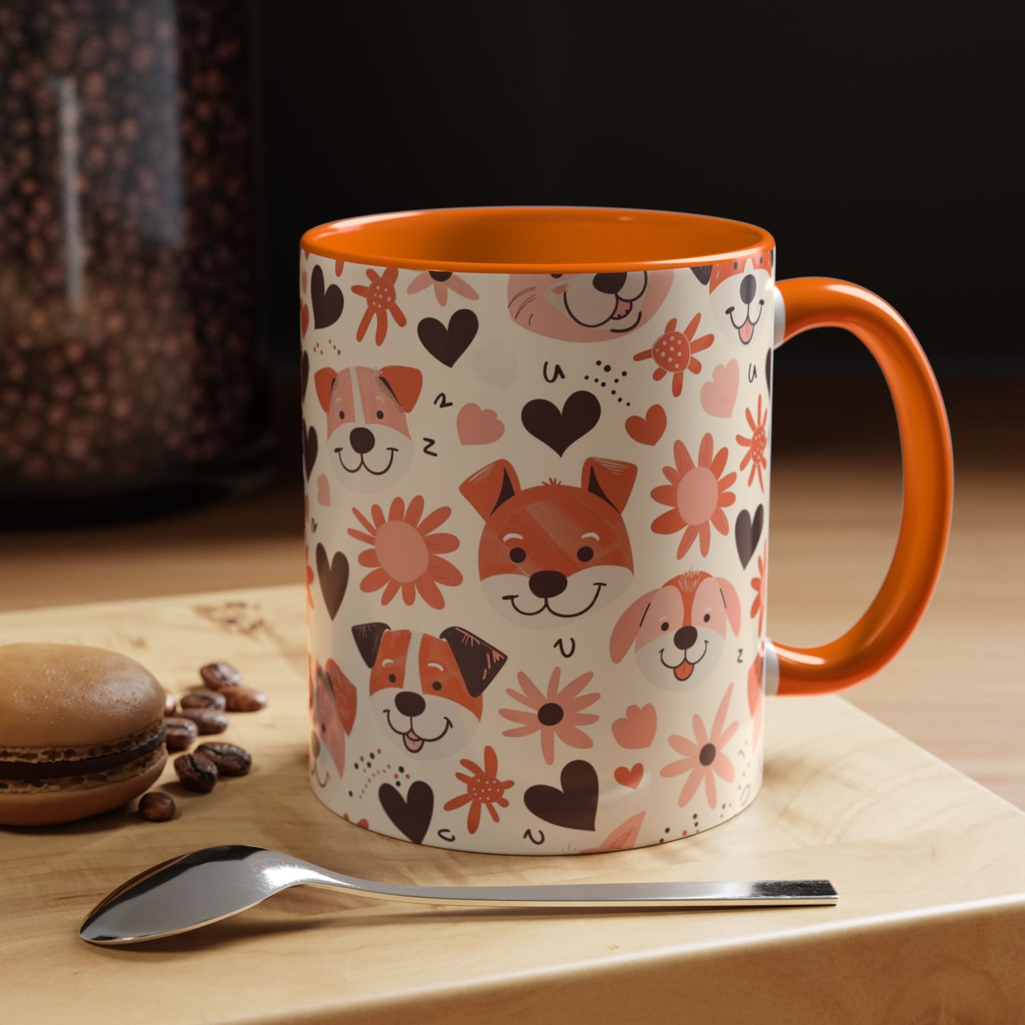 Sweet Puppy Mug, Peach and Cream Dog Lover Coffee Cup, Cute Floral Animal PatternDog Mom Gift