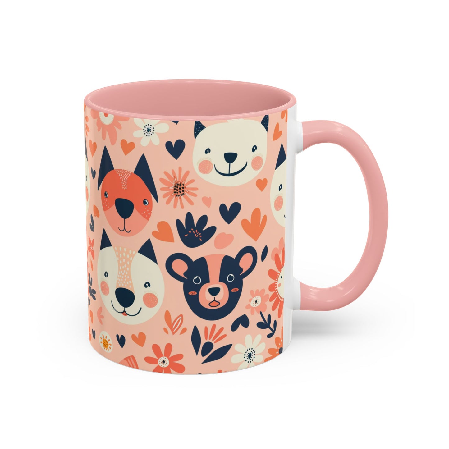 Whimsical Woodland Animals Mug, Cute Fox & Bear Coffee Cup, Peach and Navy Forest Friends Gift