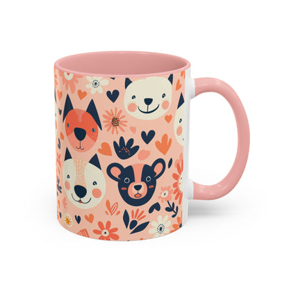Whimsical Woodland Animals Mug, Cute Fox & Bear Coffee Cup, Peach and Navy Forest Friends Gift