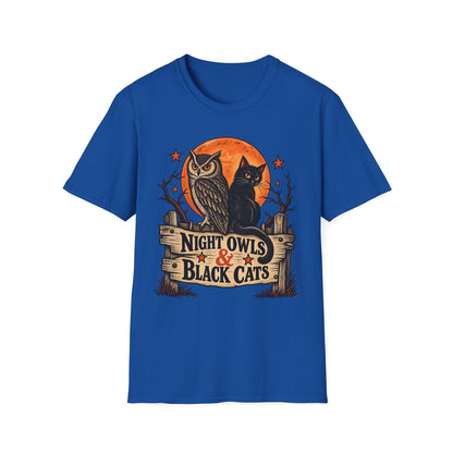 Night Owls & Black Cats Halloween Shirt, Vintage Owl and Cat T-Shirt, Retro Halloween Moon Tee, Spooky Animal Lover Shirt