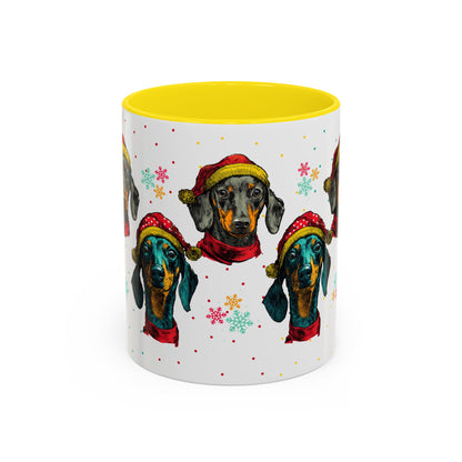 Dachshund Christmas Mug - Holiday Wiener Dog Cup - Cute Doxie Dog Lover Gift - Santa Hat Dachshund Coffee Mug - Colorful Dog Art Mug