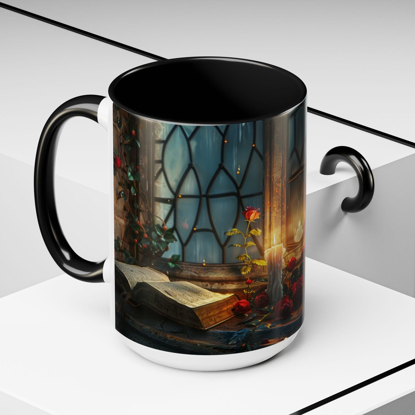 Candlelight Study Mug, Gothic Book and Roses Coffee Cup, Cozy Dark Academia Library Gift, Anniversary, Soft Atmosphere