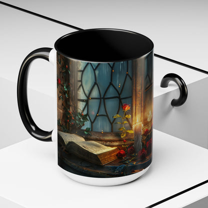 Candlelight Study Mug, Gothic Book and Roses Coffee Cup, Cozy Dark Academia Library Gift, Anniversary, Soft Atmosphere