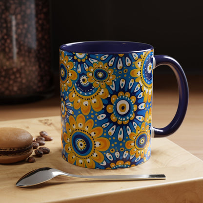 Bold Blue and Gold Flora,l Mug  Retro Boho Flower Coffee Cup, Vibrant Mandala-Inspired Pattern