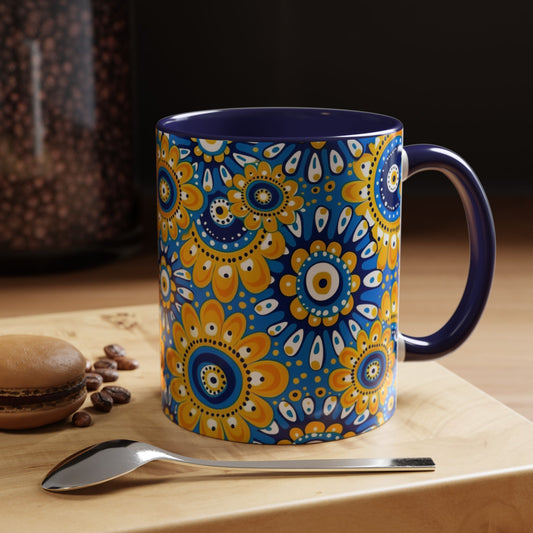 Bold Blue and Gold Flora,l Mug  Retro Boho Flower Coffee Cup, Vibrant Mandala-Inspired Pattern