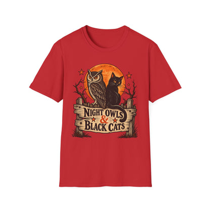 Night Owls & Black Cats Halloween Shirt, Vintage Owl and Cat T-Shirt, Retro Halloween Moon Tee, Spooky Animal Lover Shirt