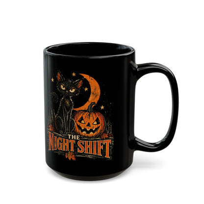 Night Shift black cat pumpkin mug | Halloween coffee mug