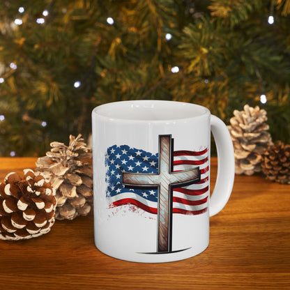 Faith & Freedom Mug, American Flag and Cross, Christian Patriot Coffee Cup, Inspirational USA Gift, God Bless America Mug