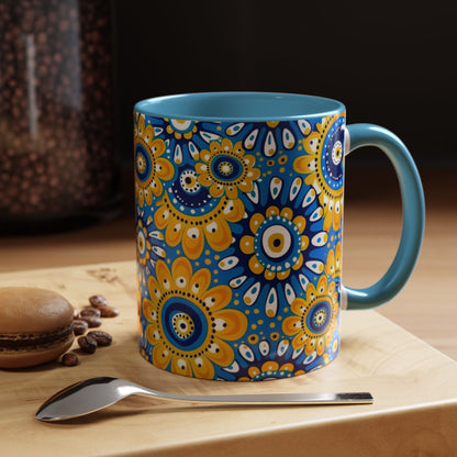Bold Blue and Gold Flora,l Mug  Retro Boho Flower Coffee Cup, Vibrant Mandala-Inspired Pattern