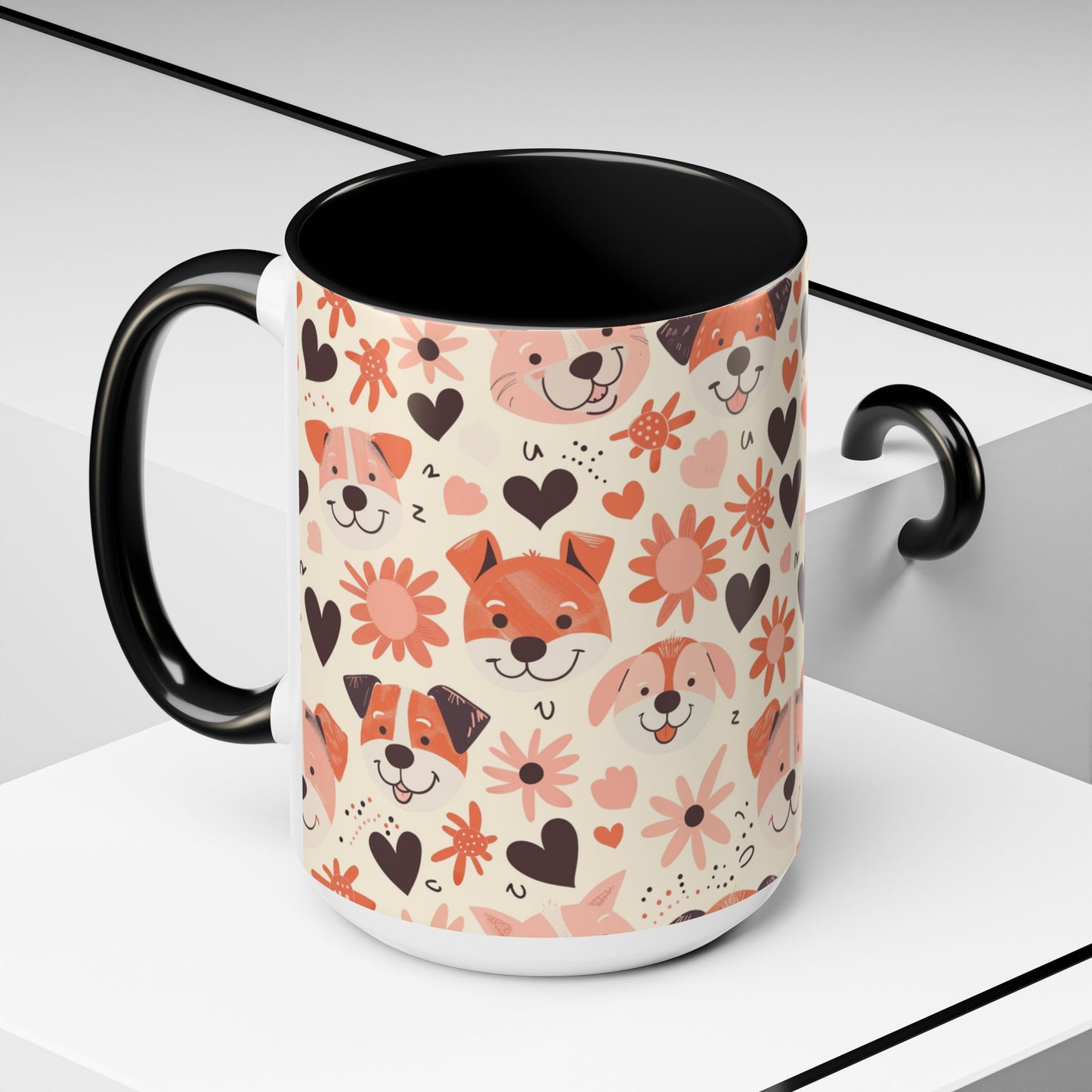 Sweet Puppy Mug, Peach and Cream Dog Lover Coffee Cup, Cute Floral Animal PatternDog Mom Gift