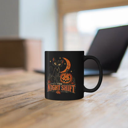 Night Shift black cat pumpkin mug | Halloween coffee mug