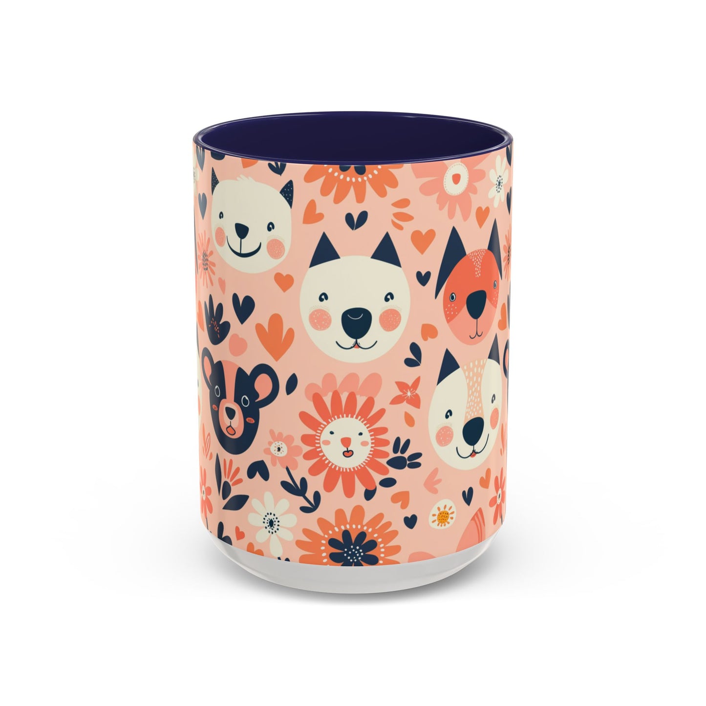 Whimsical Woodland Animals Mug, Cute Fox & Bear Coffee Cup, Peach and Navy Forest Friends Gift