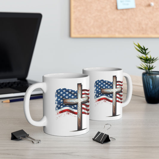 Faith & Freedom Mug, American Flag and Cross, Christian Patriot Coffee Cup, Inspirational USA Gift, God Bless America Mug