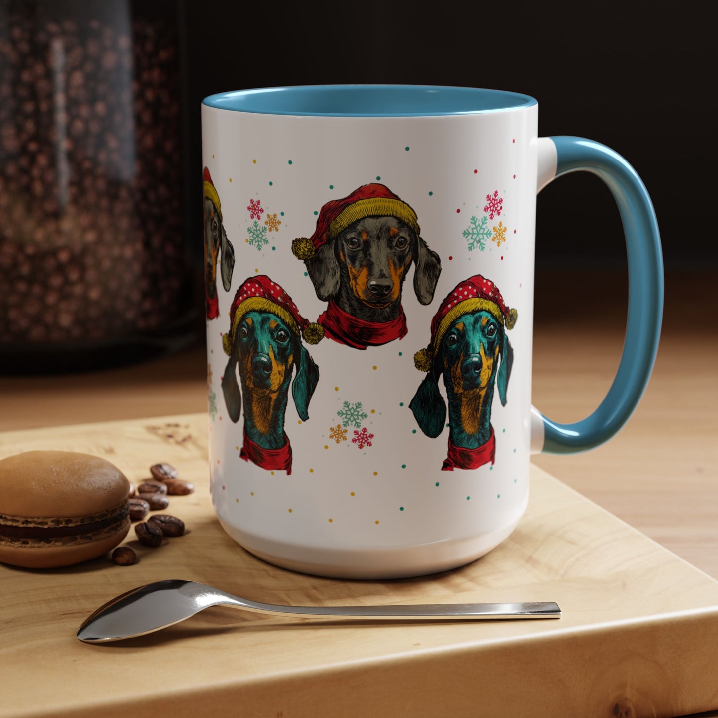 Dachshund Christmas Mug - Holiday Wiener Dog Cup - Cute Doxie Dog Lover Gift - Santa Hat Dachshund Coffee Mug - Colorful Dog Art Mug