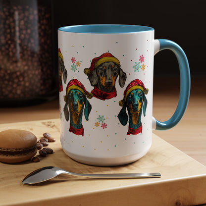 Dachshund Christmas Mug - Holiday Wiener Dog Cup - Cute Doxie Dog Lover Gift - Santa Hat Dachshund Coffee Mug - Colorful Dog Art Mug