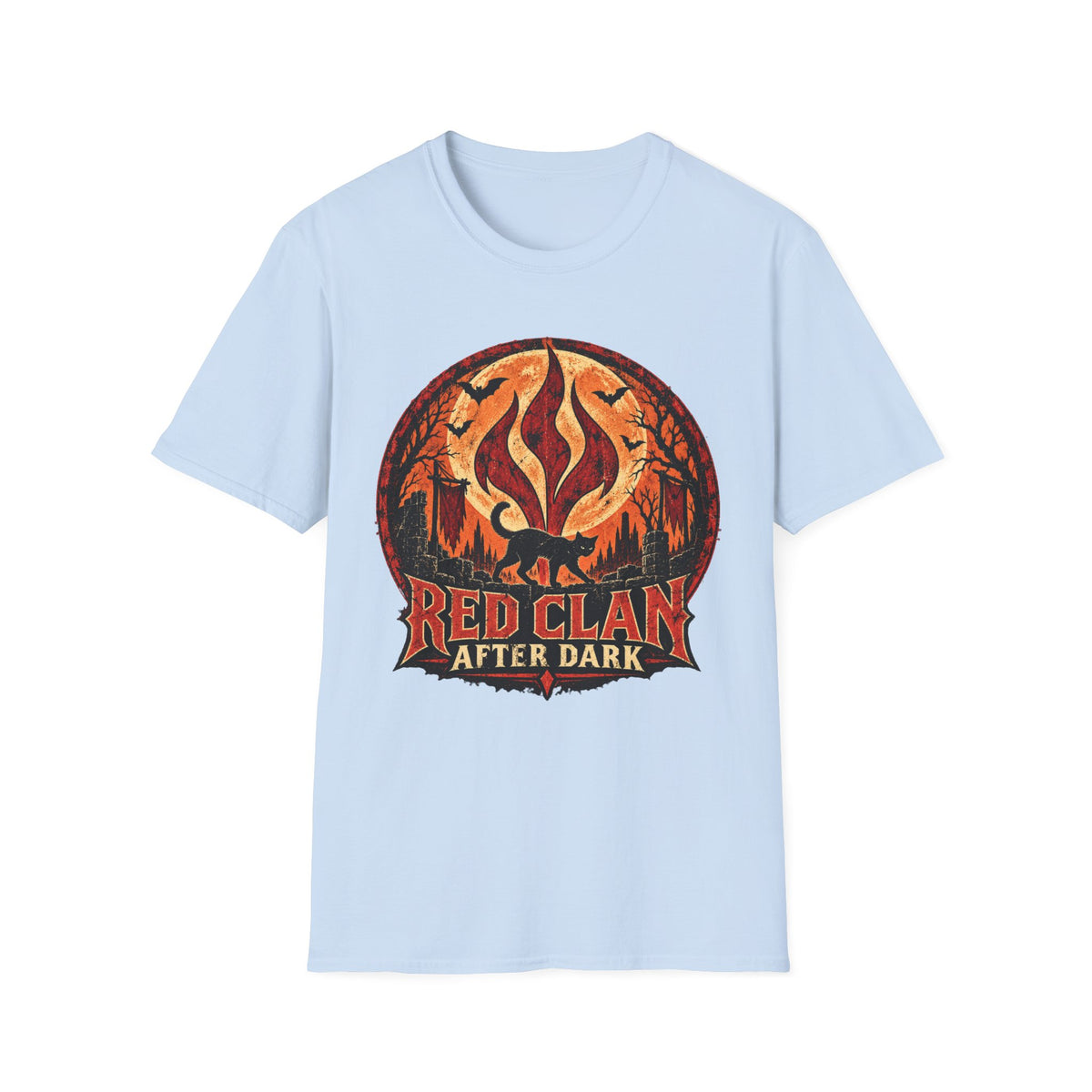 Red Clan After Dark Shirt, Black Cat Halloween Tee, Gothic Fantasy Shirt, Spooky Moon Graphic Tee, Dark Fantasy Halloween T-Shirt