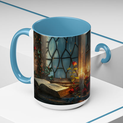 Candlelight Study Mug, Gothic Book and Roses Coffee Cup, Cozy Dark Academia Library Gift, Anniversary, Soft Atmosphere