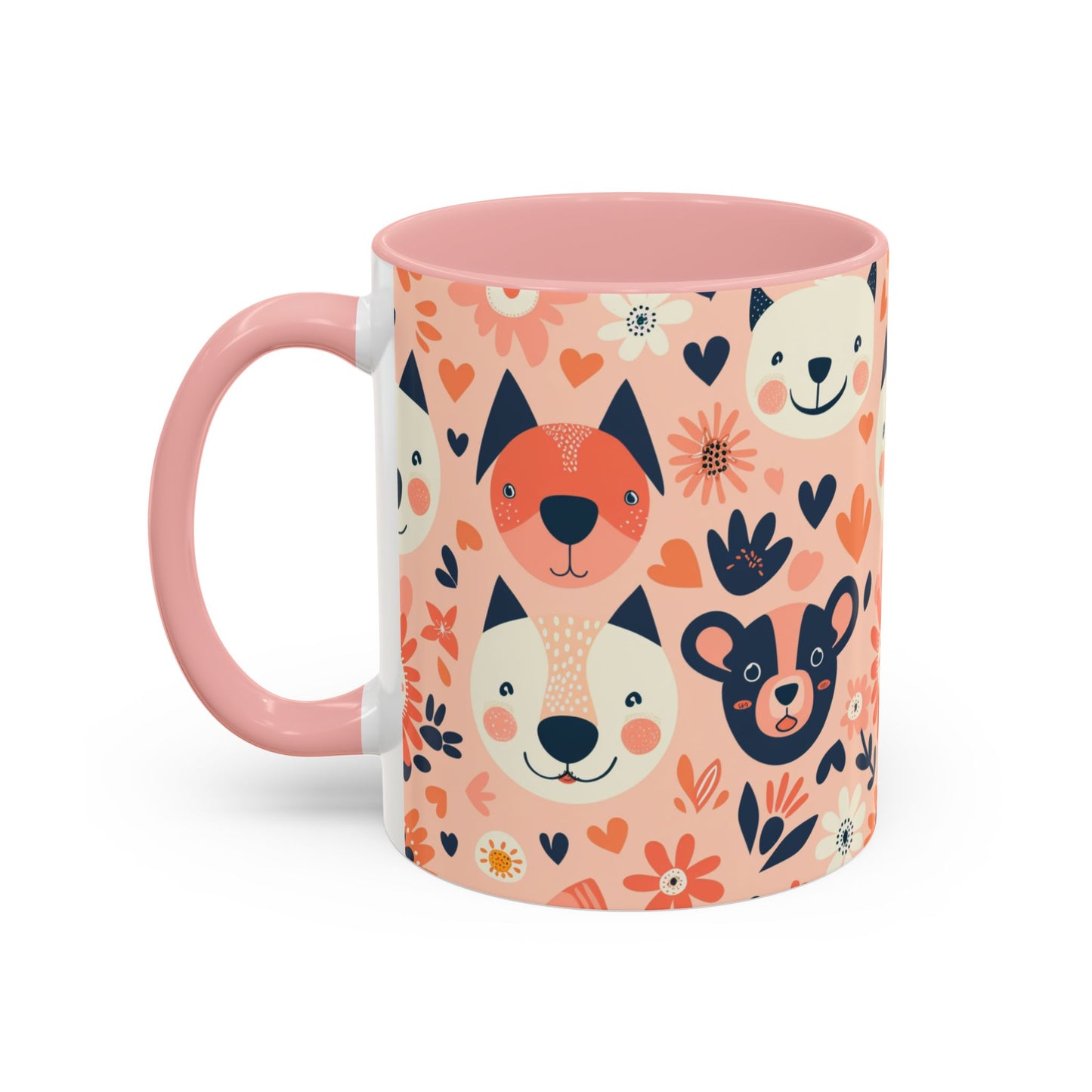 Whimsical Woodland Animals Mug, Cute Fox & Bear Coffee Cup, Peach and Navy Forest Friends Gift