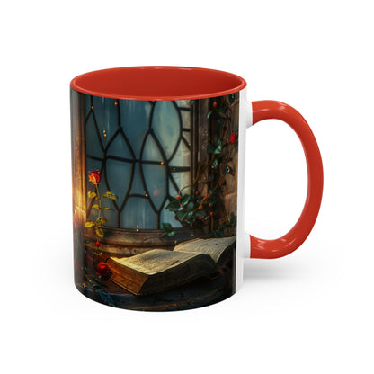 Candlelight Study Mug, Gothic Book and Roses Coffee Cup, Cozy Dark Academia Library Gift, Anniversary, Soft Atmosphere