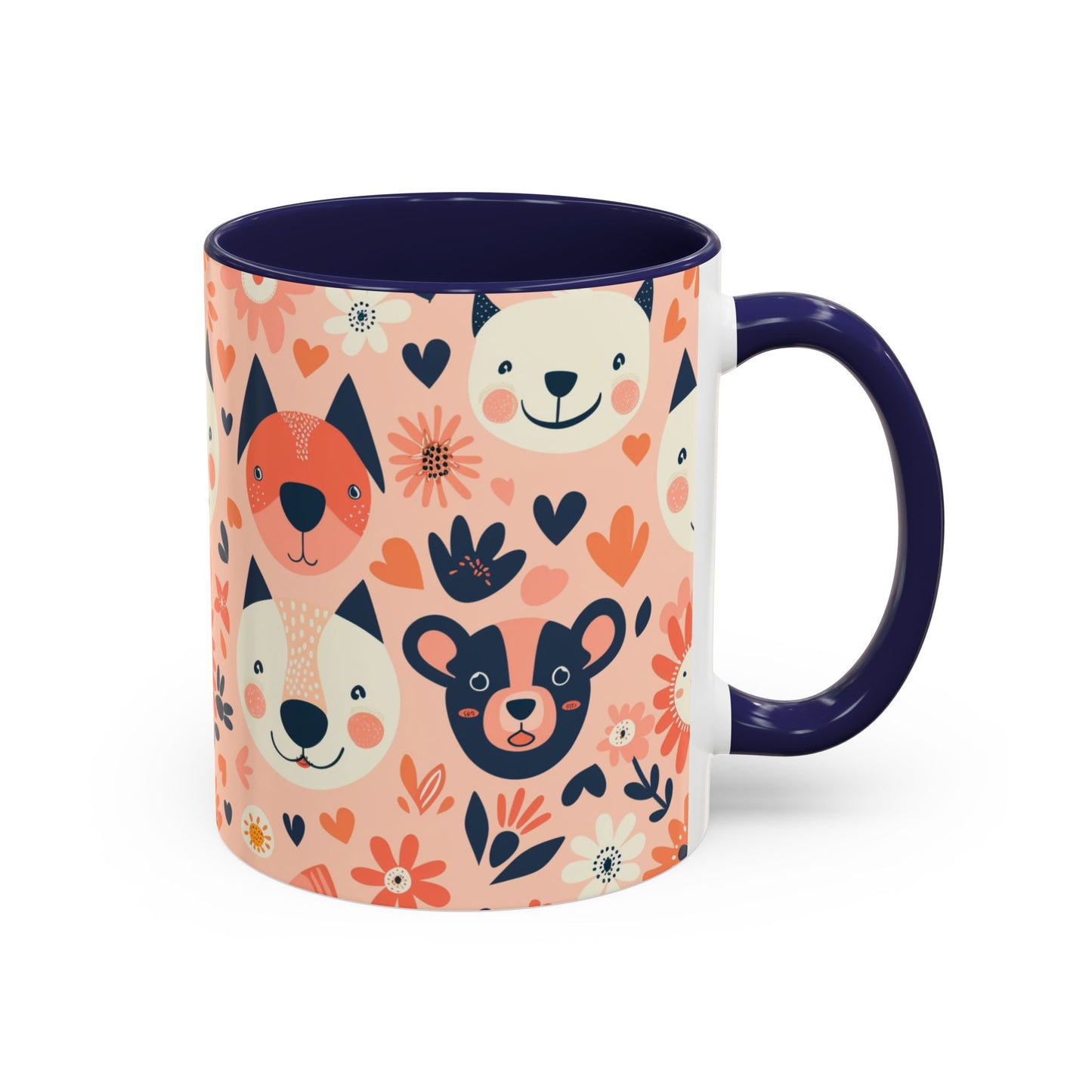 Whimsical Woodland Animals Mug, Cute Fox & Bear Coffee Cup, Peach and Navy Forest Friends Gift