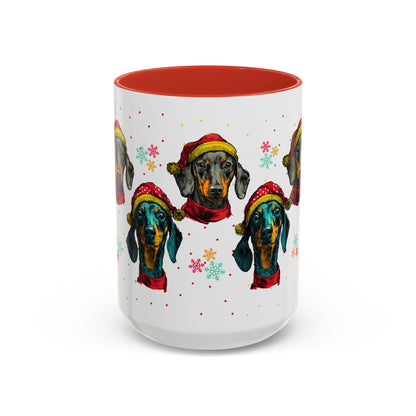 Dachshund Christmas Mug - Holiday Wiener Dog Cup - Cute Doxie Dog Lover Gift - Santa Hat Dachshund Coffee Mug - Colorful Dog Art Mug