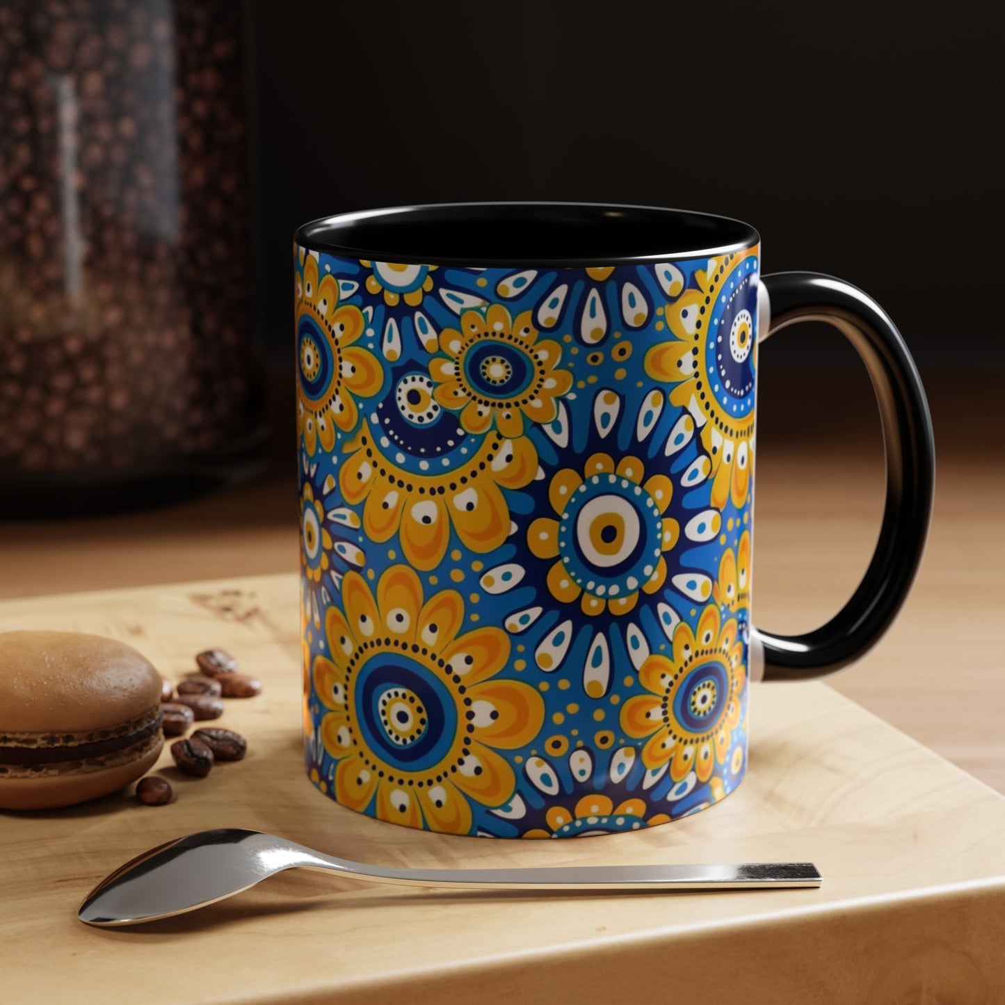 Bold Blue and Gold Flora,l Mug  Retro Boho Flower Coffee Cup, Vibrant Mandala-Inspired Pattern