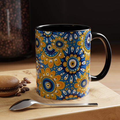 Bold Blue and Gold Flora,l Mug  Retro Boho Flower Coffee Cup, Vibrant Mandala-Inspired Pattern