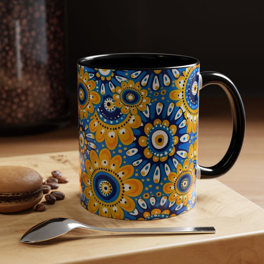 Bold Blue and Gold Flora,l Mug  Retro Boho Flower Coffee Cup, Vibrant Mandala-Inspired Pattern