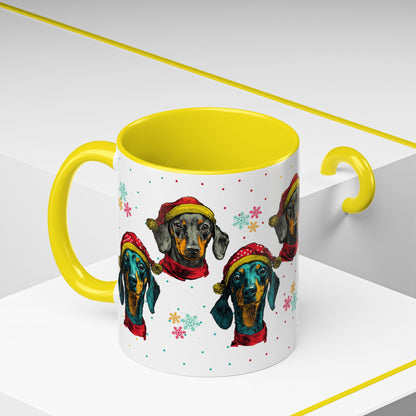 Dachshund Christmas Mug - Holiday Wiener Dog Cup - Cute Doxie Dog Lover Gift - Santa Hat Dachshund Coffee Mug - Colorful Dog Art Mug