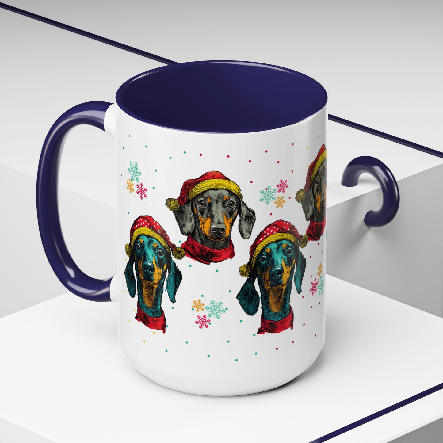 Dachshund Christmas Mug - Holiday Wiener Dog Cup - Cute Doxie Dog Lover Gift - Santa Hat Dachshund Coffee Mug - Colorful Dog Art Mug