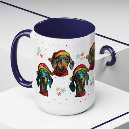 Dachshund Christmas Mug - Holiday Wiener Dog Cup - Cute Doxie Dog Lover Gift - Santa Hat Dachshund Coffee Mug - Colorful Dog Art Mug